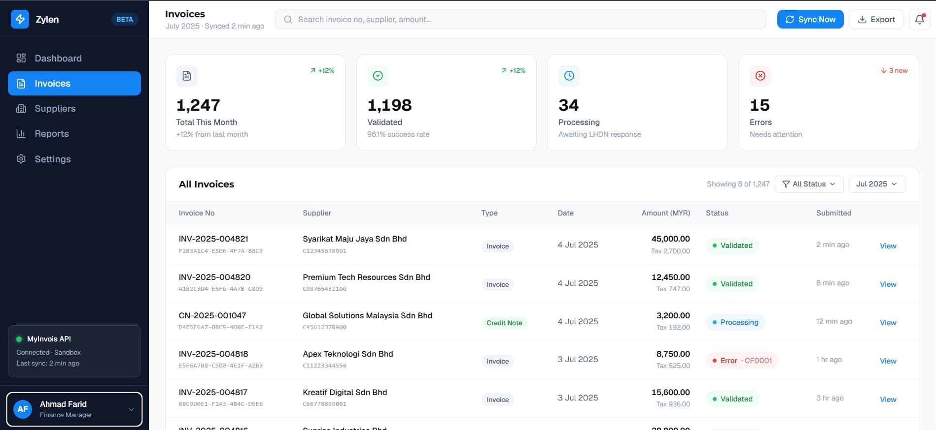 Zylen e-invoice dashboard
